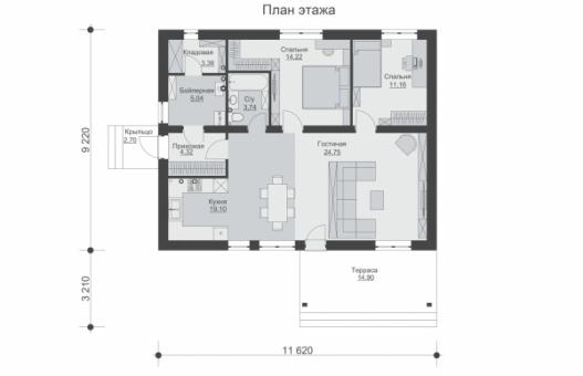 Одноэтажный дом с двумя спальнями, кладовой и кухней-гостиной